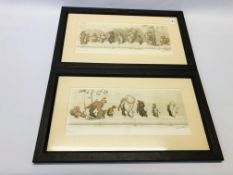 PAIR OF FRAMED VINTAGE FRENCH CARTOON ETCHINGS DEPICTING CATS & DOG COPYRIGHT BY O'LKEIN BEARING