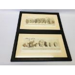 PAIR OF FRAMED VINTAGE FRENCH CARTOON ETCHINGS DEPICTING CATS & DOG COPYRIGHT BY O'LKEIN BEARING