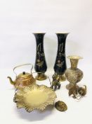 BOX OF MIDDLE EASTERN METALWARE TO INCLUDE A PAIR OF LACQUERED VASES, VASE INSET WITH BLUE STONES,