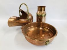 A BRASS AND COPPER COAL HELMET, A BRASS BOUND COPPER,