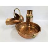 A BRASS AND COPPER COAL HELMET, A BRASS BOUND COPPER,