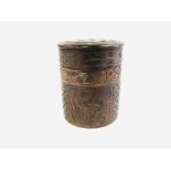 A HAND CARVED CYLINDRICAL DIVISIONAL CONTAINER DECORATED WITH BIRDS AND FOLIAGE - HEIGHT 14CM,