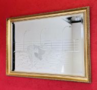 GILT FRAMED MIRROR WITH "GREYHOUND RACING" ETCHED DESIGN - H 72CM. L 101CM.