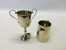 2 SILVER SAILING TROPHY CUPS, ONE CYLINDRICAL WITH ENAMEL ROYAL INSIGNIA,