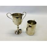 2 SILVER SAILING TROPHY CUPS, ONE CYLINDRICAL WITH ENAMEL ROYAL INSIGNIA,