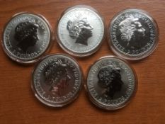 GB BRITANNIA ONE OUNCE SILVER COINS IN CAPSULES, 1998, 2002 AND 2004 (2) PROOF, 2003 INCL.