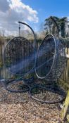 A PAIR OF STEEL FRAMED SWINGING GARDEN EGG CHAIRS A/F CONDITION.