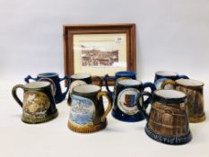 COLLECTION OF 9 GREAT YARMOUTH POTTERY MUGS AND PHOTOGRAPH OF YARMOUTH MARKET.