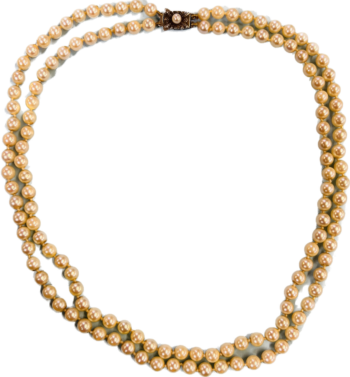 A VINTAGE DOUBLE ROW PEARL NECKLACE BY "MIKIMOTO" ALONG WITH AN ORIGINAL VINTAGE MIKIMOTO SILK