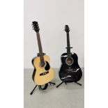 2 ACOUSTIC GUITARS ON STANDS TO INCLUDE STAGG & MARTIN SMITH.