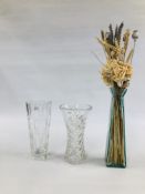 A GROUP OF 2 CUT GLASS CRYSTAL VASES AND ONE MODERN EXAMPLE WITH DRIED WHEAT AND GRASSES.