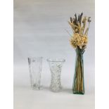 A GROUP OF 2 CUT GLASS CRYSTAL VASES AND ONE MODERN EXAMPLE WITH DRIED WHEAT AND GRASSES.