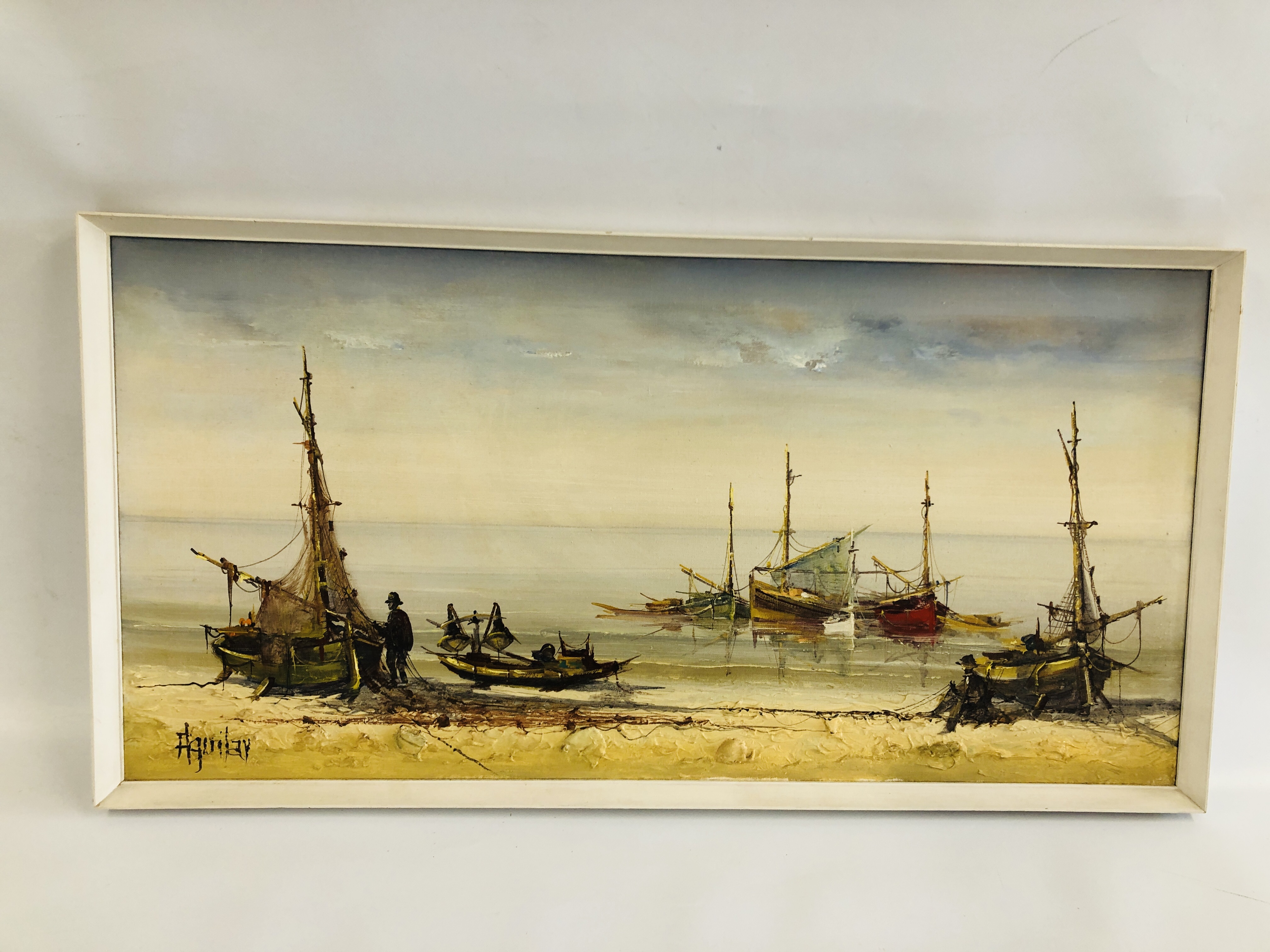AN OIL ON CANVAS OF FISHING BOATS SIGNED AGUILAY 90 CM X 45 CM.