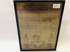 AN ANTIQUE SAMPLER W 24.5CM X H 32.5CM SARAH SEWELL AGED 10 YEARS 1824.