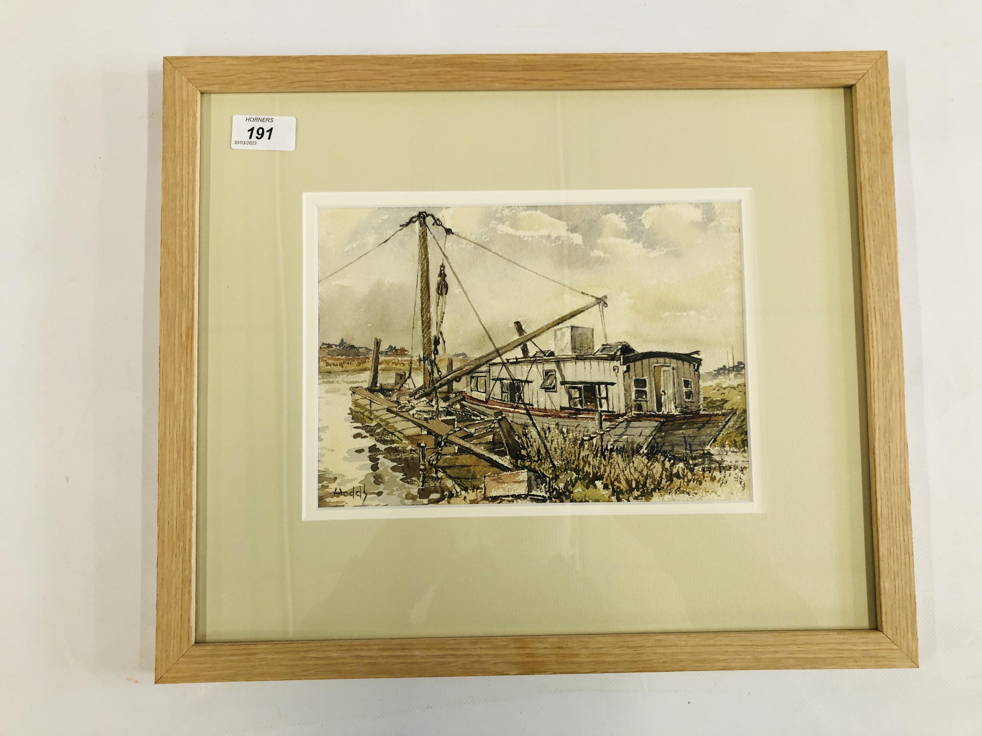 A FRAMED AND MOUNTED WATERCOLOUR "THE RECLAMATION" SIGNED ROY HODDS 18CM X 25.5 CM.