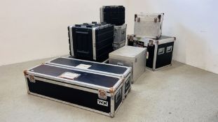 9 VARIOUS FLIGHT CASES VARIOUS SIZES, ALUMINIUM FRAMES.