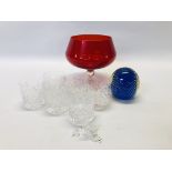 A LARGE ART GLASS PAPERWEIGHT H 12CM ALONG WITH A SET OF 6 CRYSTAL TUMBLERS + RED GLASS SINGLE