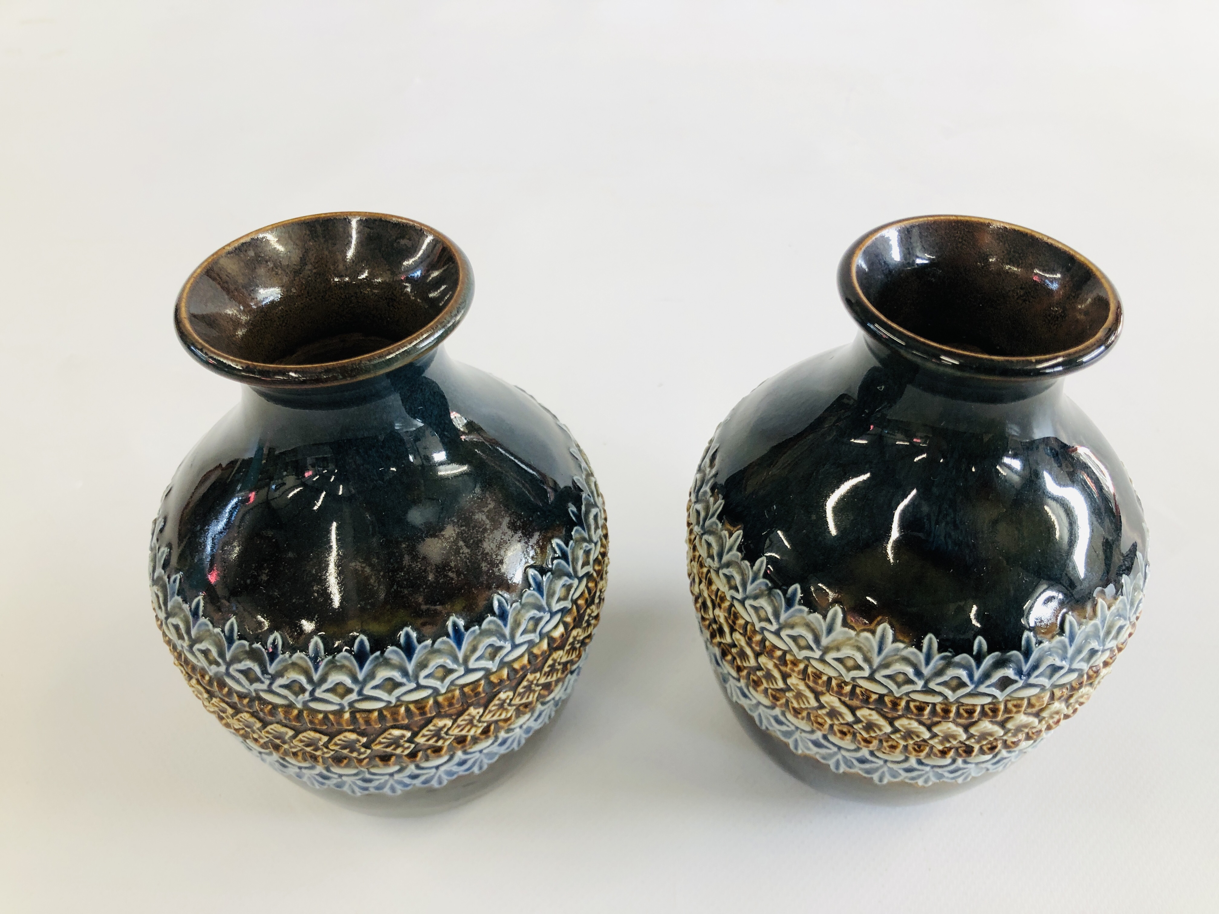 A PAIR OF DOULTON LAMBETH STONEWARE VASES - HEIGHT 15CM. - Image 2 of 4