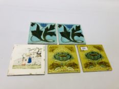 TWO PAIRS OF GLAZED ART NOUVEAU TILES 15CM X 15CM + ONE OTHER UNRELATED EXAMPLE.