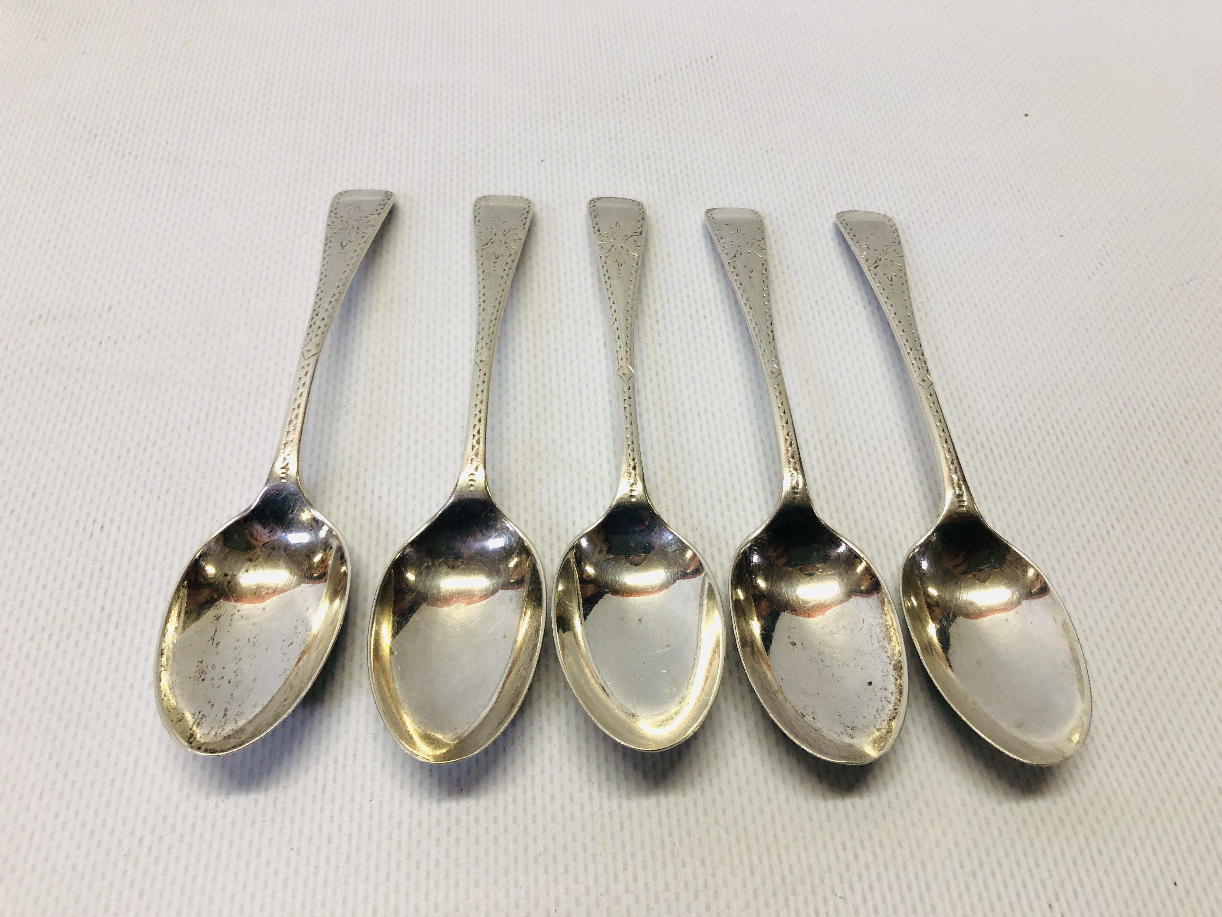 FIVE BRIGHT-CUT SILVER TEASPOONS,