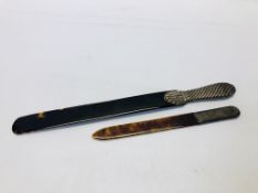 TWO ANTIQUE AND TORTOISESHELL PAPER KNIFE / PAGE TURNERS TO INCLUDE A SILVER HANDLED AND PLATED