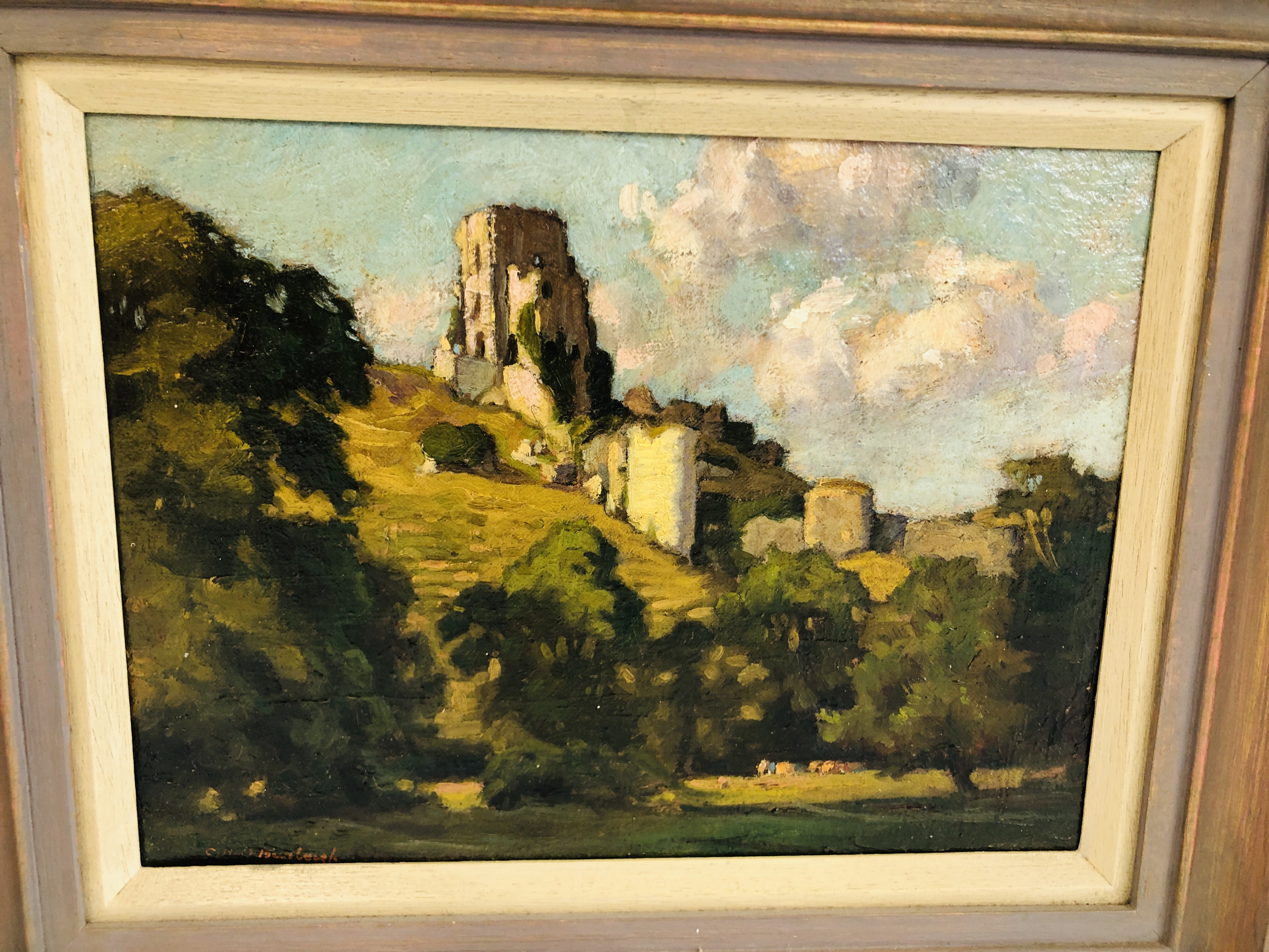 A FRAMED AND MOUNTED OIL ON BOARD "CORFE CASTLE" SIGNED CHARLES H.H. BURLEIGH. 24.5 CM X 33.5 CM. - Image 2 of 5