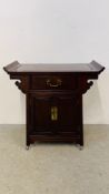 A CHINESE HARDWOOD ALTAR CABINET WITH SINGLE DRAWER AND BRASS HANDLES, W 76CM, D 36CM, H 80CM.