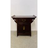 A CHINESE HARDWOOD ALTAR CABINET WITH SINGLE DRAWER AND BRASS HANDLES, W 76CM, D 36CM, H 80CM.