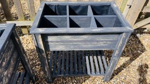 A GREY PAINTED RECLAIMED WOODEN RAISED SIX SECTION HERB PLANTER PLASTIC LINED WITH LOWER SLATTED