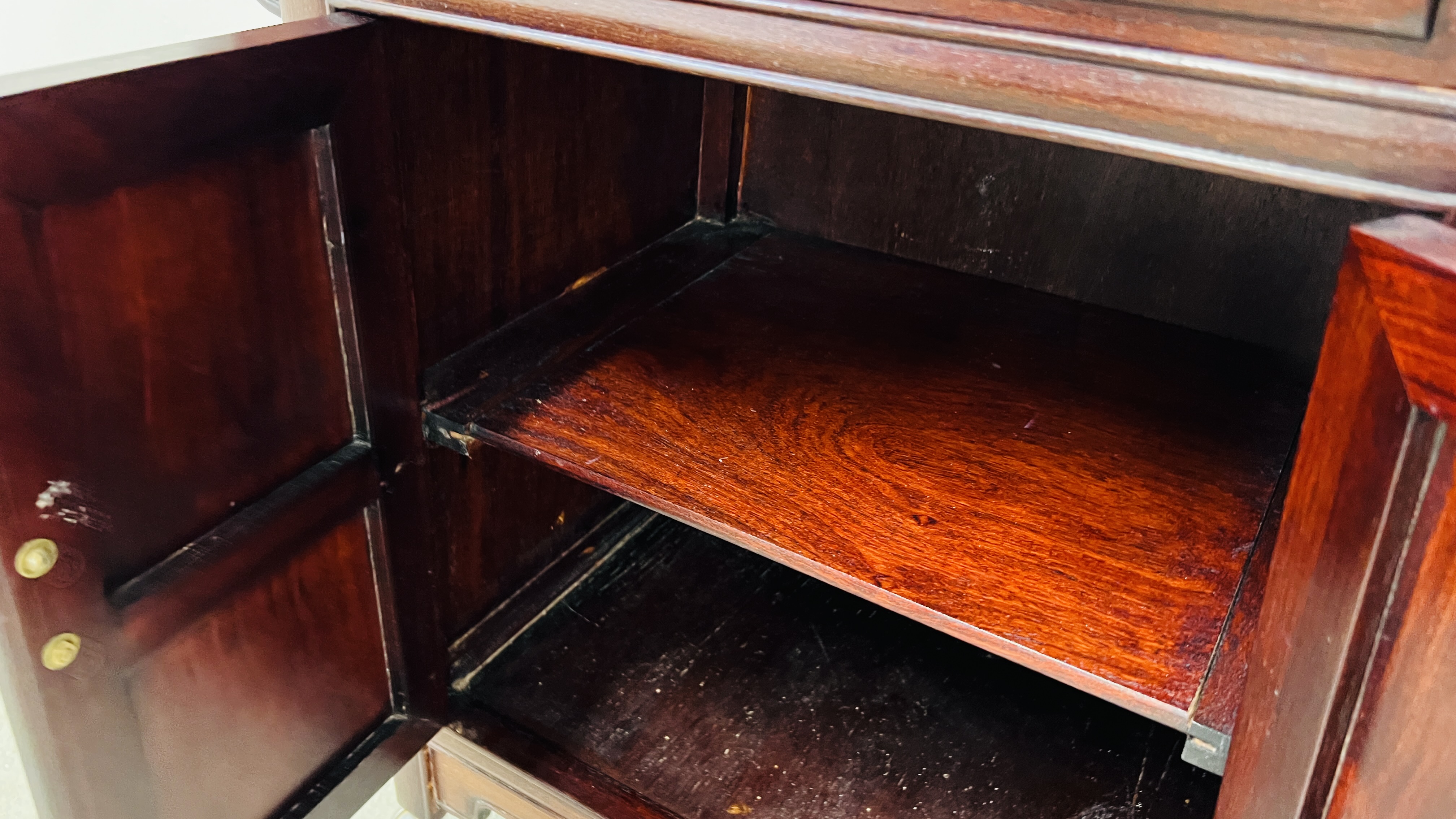 A CHINESE HARDWOOD ALTAR CABINET WITH SINGLE DRAWER AND BRASS HANDLES, W 76CM, D 36CM, H 80CM. - Image 8 of 8