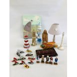 A GROUP OF DECORATIVE EFFECTS TO INCLUDE WOODEN LIGHTHOUSE, WOODEN FISH, WOODEN FISHERMAN FIGURES,