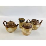 FOUR PIECES DOULTON TO INCLUDE TWO TEA POTS, TOBACCO JAR AND SILVER RIMMED BEAKER A/F.