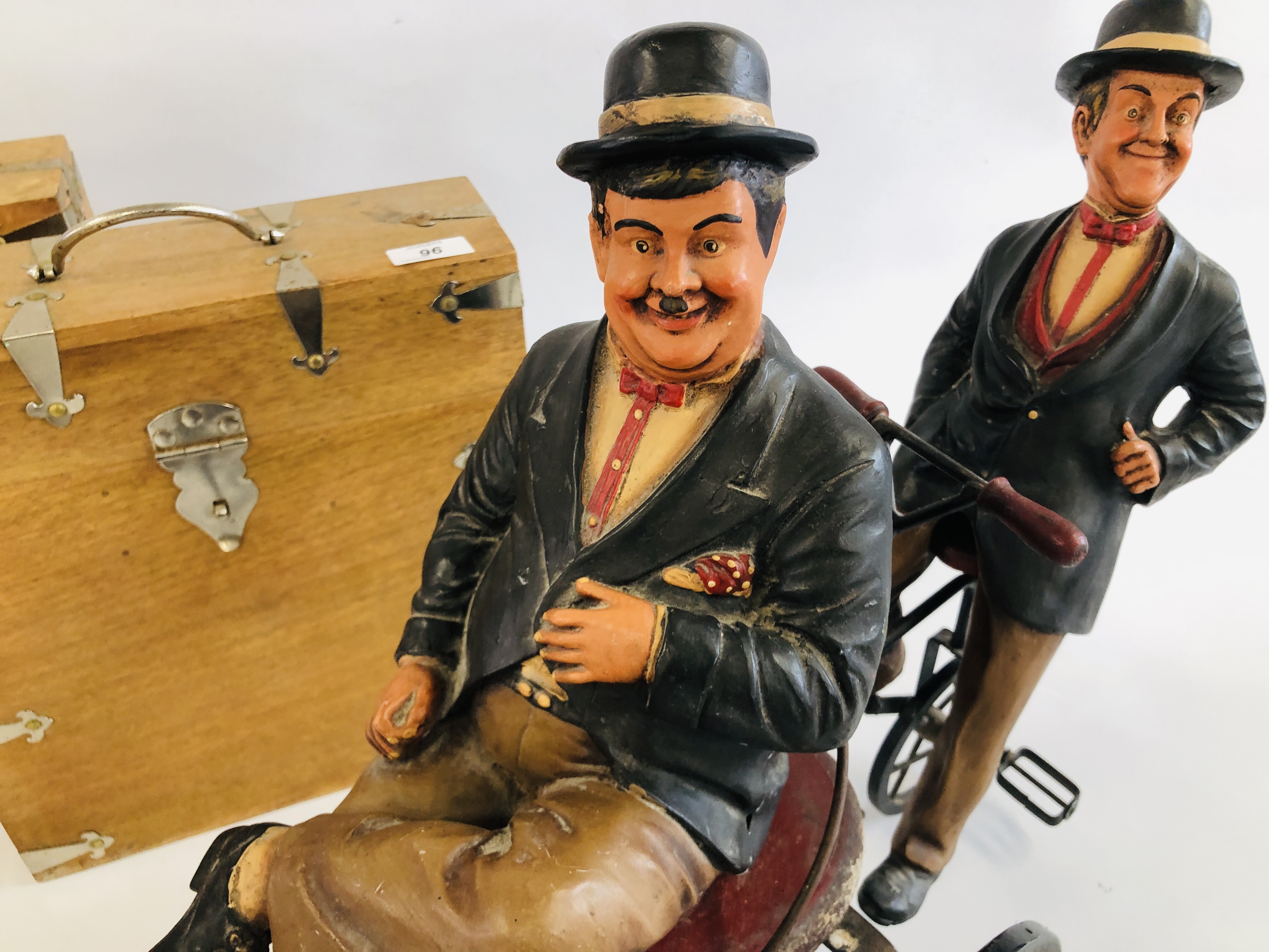 A PAIR OF HARDWOOD AND METAL BOUND BOXES ALONG WITH A LAUREL AND HARDY BICYCLE SCULPTURE. - Image 2 of 7