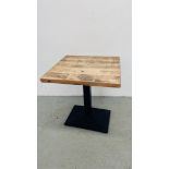 PEDESTAL BISTRO TABLE CAST BASE WITH WAXED PINE TOP - 70CM X 70CM.