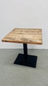 PEDESTAL BISTRO TABLE CAST BASE WITH WAXED PINE TOP - 70CM X 70CM.