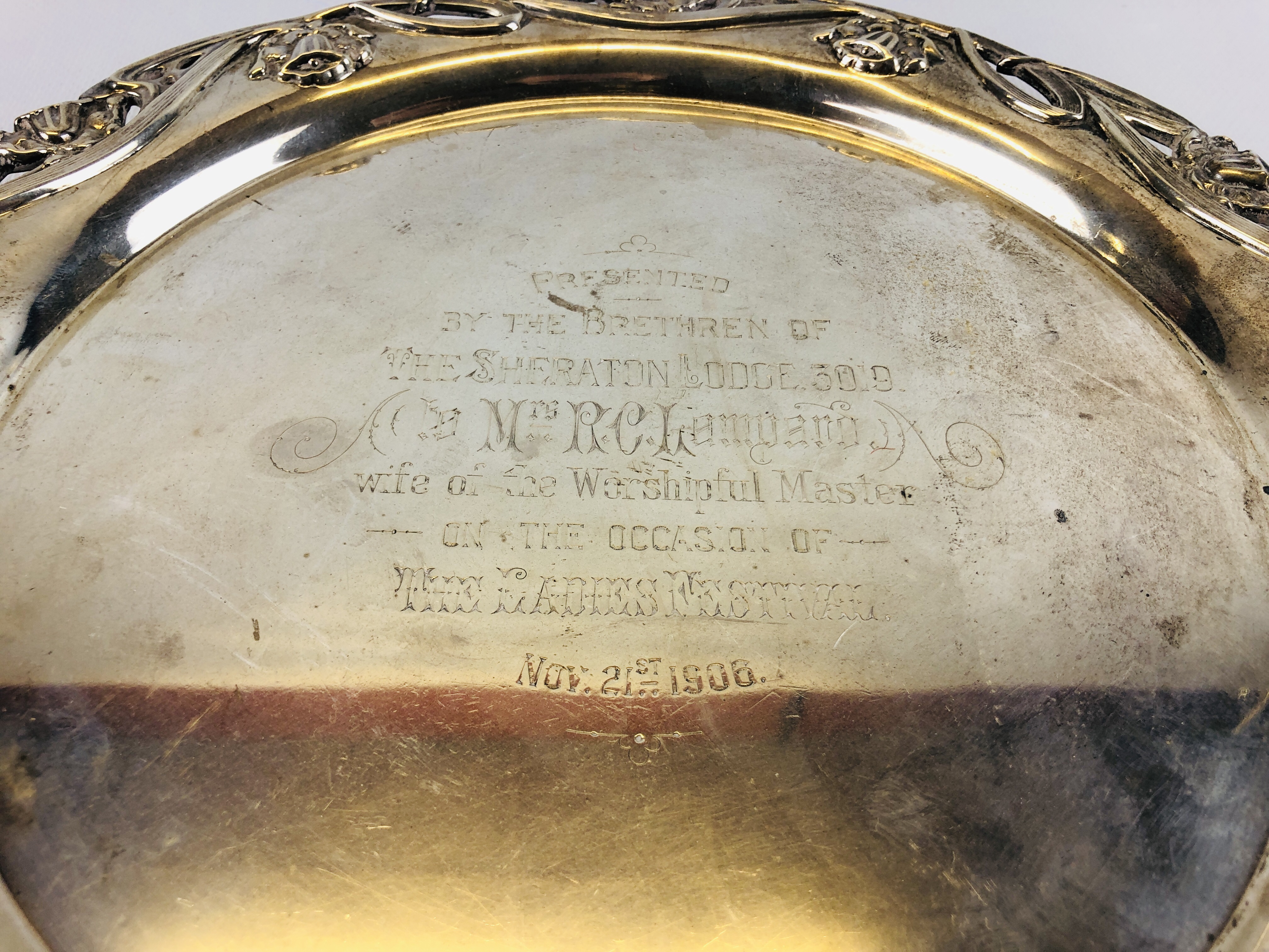 SILVER SALVER PEARCE BORDER AND ENGRAVED WILLIAM HUTTON AND SON SHEFFIELD 1905. - Image 2 of 11