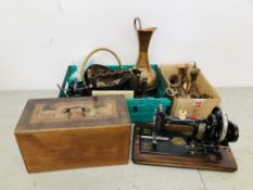 TWO BOXES OF MIXED METAL WARES TO INCLUDE COPPER AND BRASS, MINIATURE TRUMPET JUGS, COAL SCUTTLE,