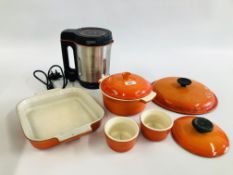 A LE CREUSET LIDDED DISH, LE CREUSET SQUARE DISH, 2 LE CREUSET RAMEKINS,