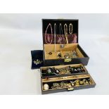 JEWELLERY BOX AND CONTENTS TO INCLUDE SILVER AND COSTUME JEWELLERY MARCASITE EXAMPLES ETC.