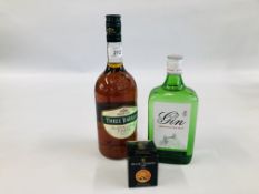 LITRE BOTTLE OF RAYNAL & CIE THREE BARRELS BRANDY + 70CL BOTTLE OF LONDON DRY GIN AND MINIATURE
