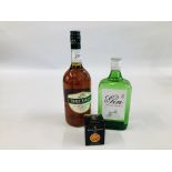 LITRE BOTTLE OF RAYNAL & CIE THREE BARRELS BRANDY + 70CL BOTTLE OF LONDON DRY GIN AND MINIATURE