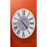 A REPRODUCTION LARGE OVAL WALL CLOCK W 64CM. H 8CM.