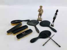 EBONY DRESSING TABLE ITEMS, CARVED WOODEN FIGURE ETC.
