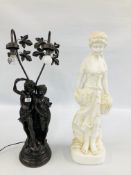 A COMPOSITE FIGURE OF A LADY HOLDING FRUITS H 77CM ALONG WITH A RESIN SCULPTURE OF TWO CHILDREN