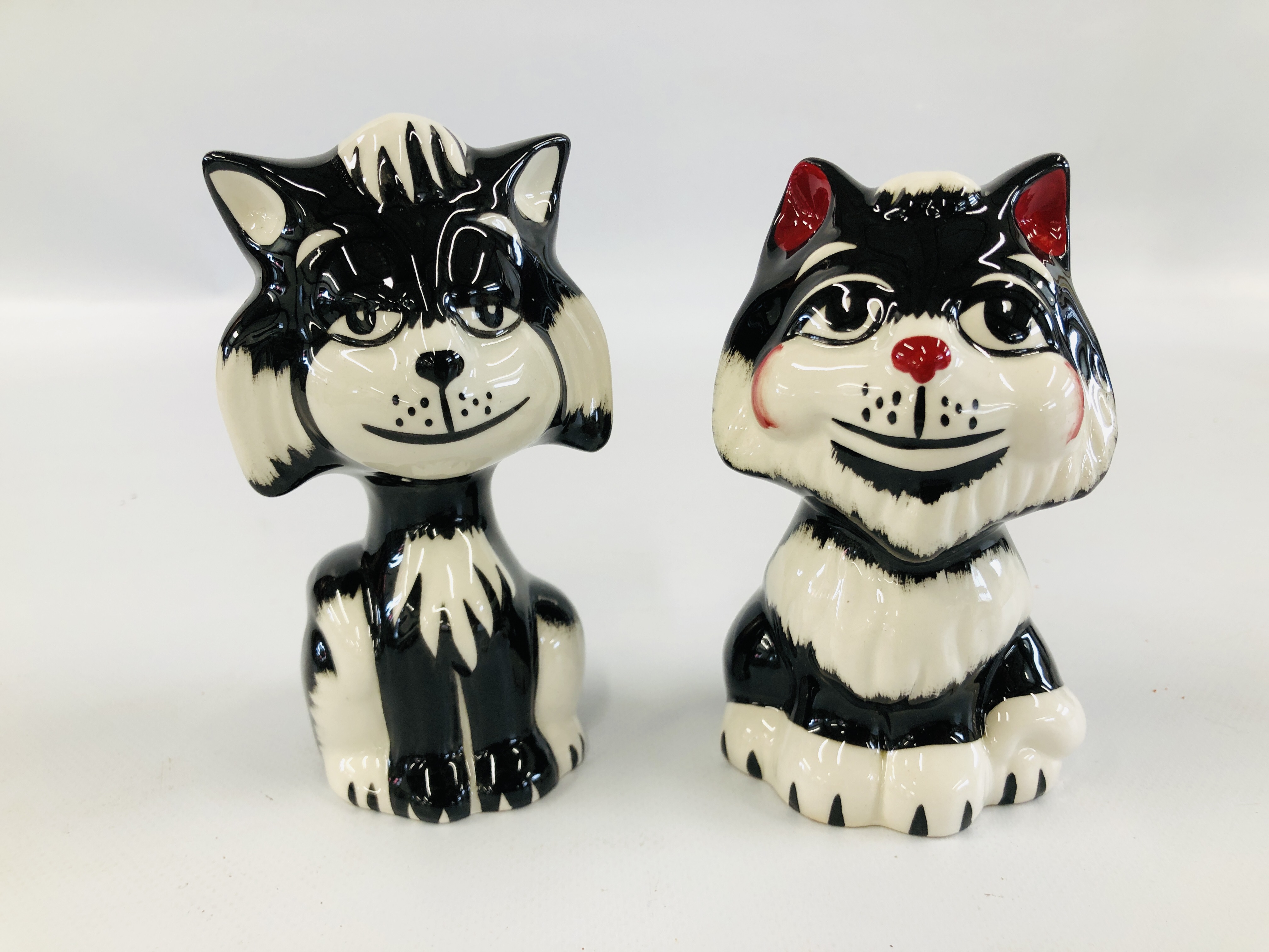 TWO LORNA BAILEY CAT ORNAMENTS MARVIN AND ONE OTHER H 13CM BEARING SIGNATURES.