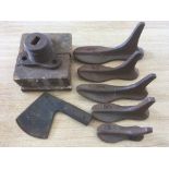 SMALL COLLECTION OF CAST IRON COBBLER'S SHOE LASTS ETC.