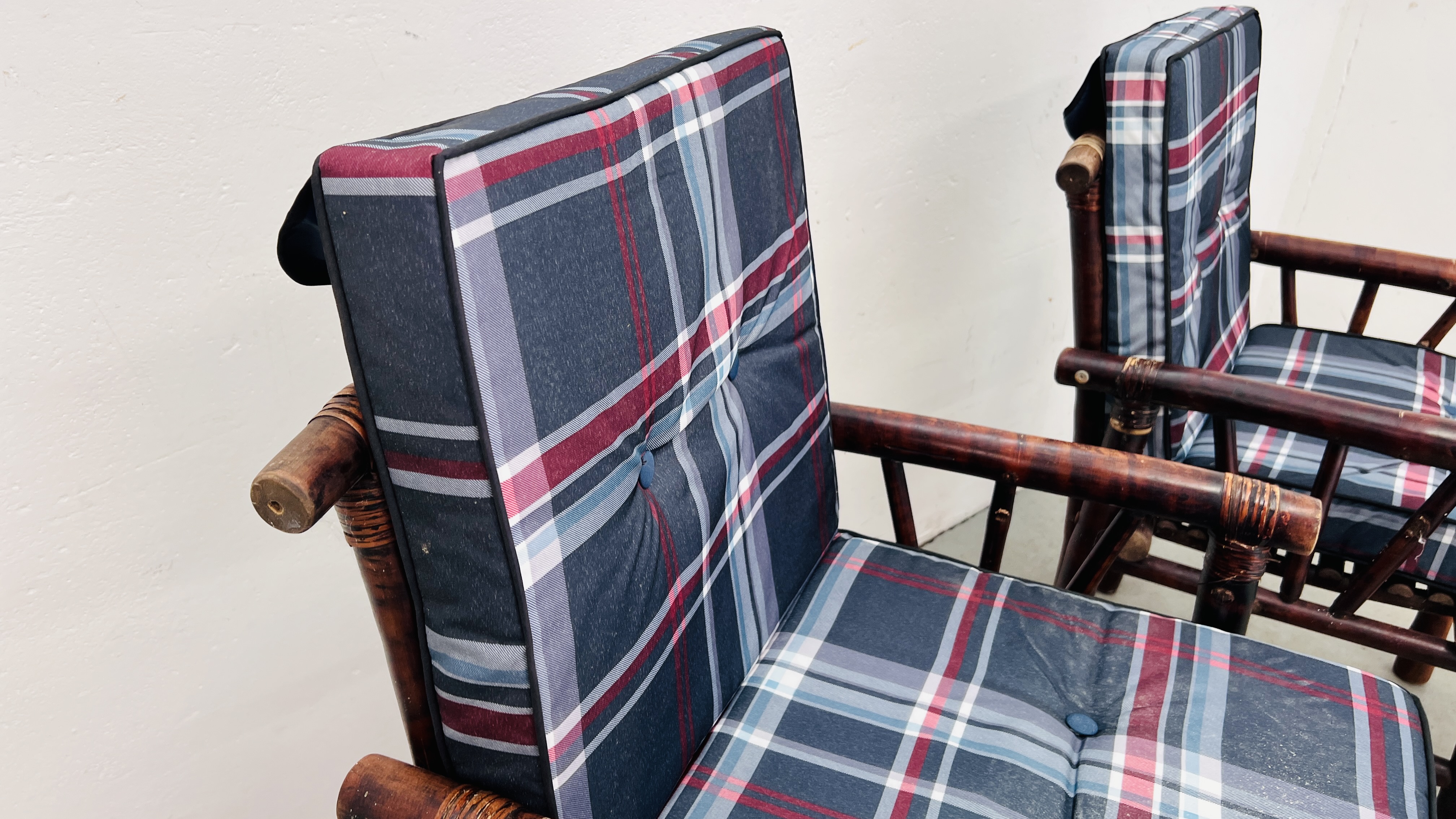 A PAIR OF BAMBOO ARMCHAIRS WITH CHECKED CUSHIONS. - Image 5 of 8