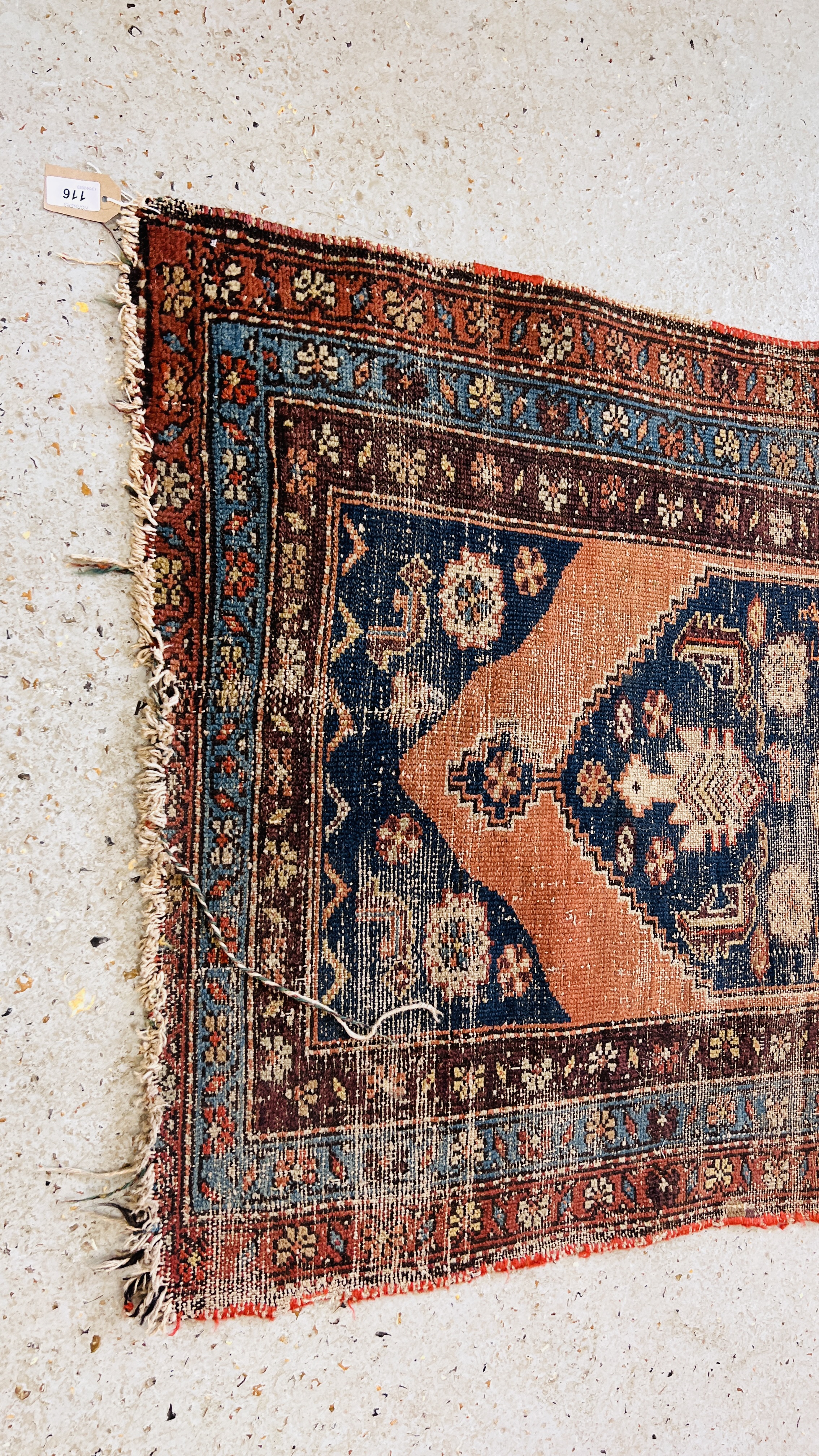 A TRADITIONAL CAUCASIAN RUNNER, THE CENTRAL LOZENGES ON A BRICK RED FIELD, WORN CONDITION. - Image 2 of 11