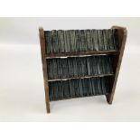 A VINTAGE SET OF 40 MINIATURE BOOKS BY WILLIAM SHAKESPEARE DISPLAYED IN A MINIATURE WOODEN STAND.