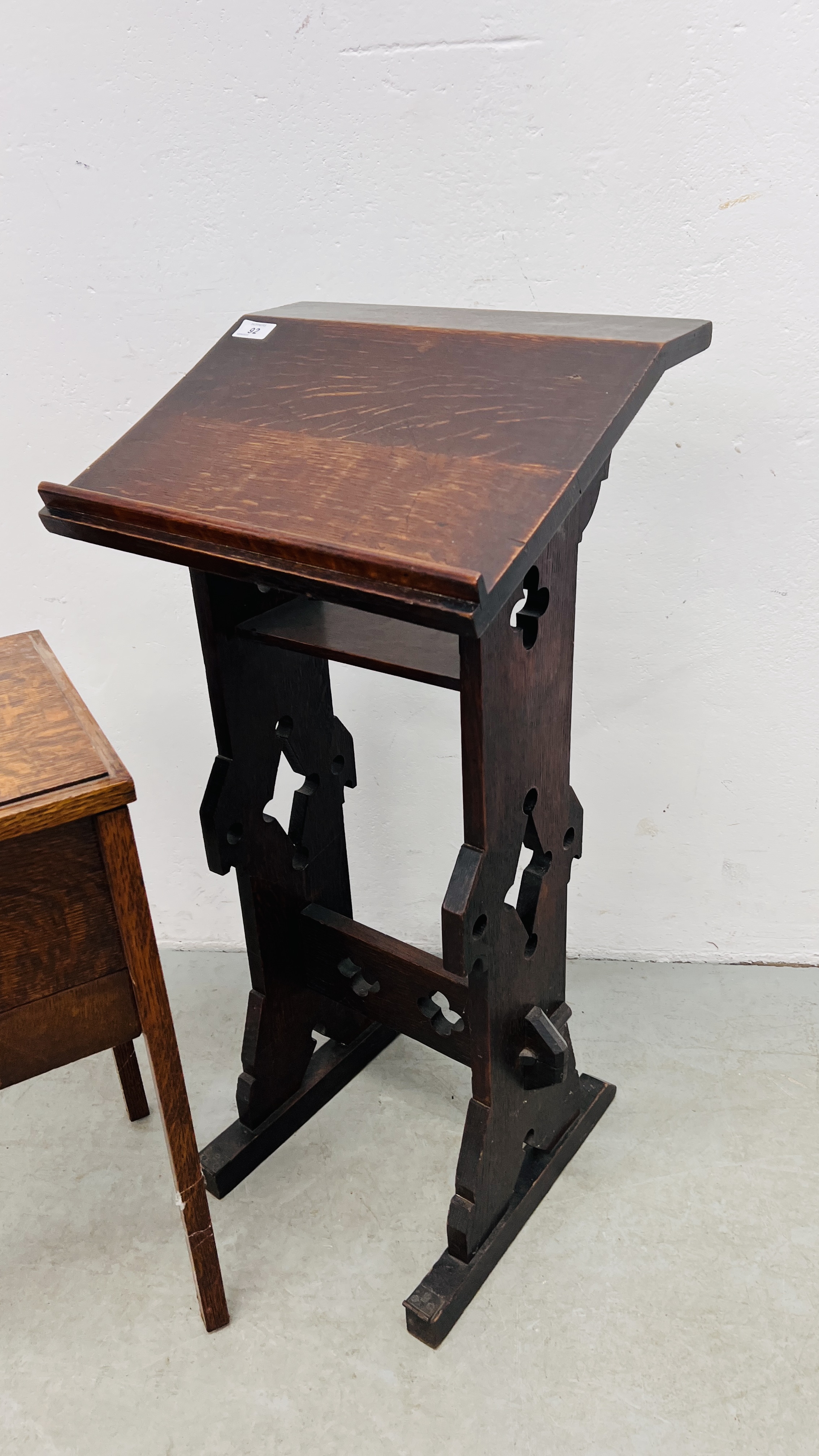 A VINTAGE SEWING BOX ALONG WITH A VINTAGE OAK BIBLE STAND. - Image 2 of 7